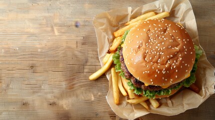 Top view of traditional hamburger and french fries on wooden surface with space for text