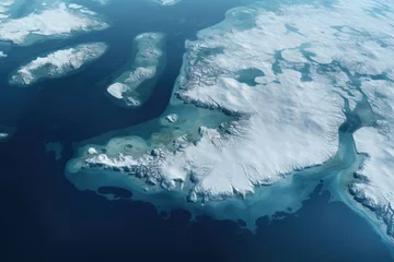 Tuinposter Aerial view of glaciers and icebergs in the ocean, showcasing the stark reality of ice melt due to global warming. © Оксана Олейник