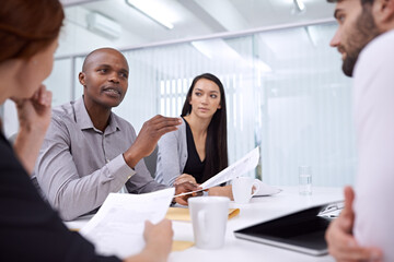 People, paper or meeting as business, strategy or budget as company, financial or planning in office. Businessman, team or document as discussion, advice or exchange of information, data or analysis
