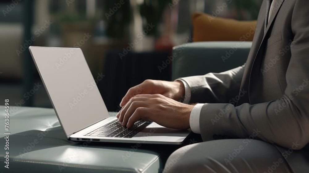 Poster a man in a suit working on a laptop. suitable for business and technology concepts