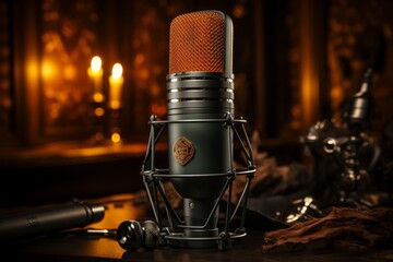 Design a captivating podcast studio scene with a dominant microphone on the desk, accompanied by modern gadgets and a warm, stylish ambiance. - obrazy, fototapety, plakaty