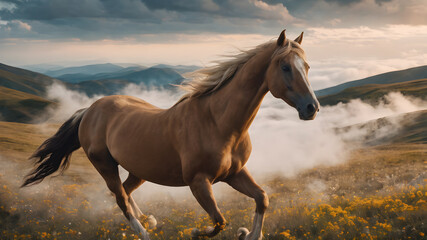  Nature landscape with wild horse. Wild horss in nature landscape. Mountain landscape. Mountain horse in nature ambient on a sunny day.