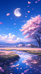 The cherry tree sheds its petals which fall on the mountain river while the moon shines; Blooming meadows and hills under cloudy sky; Spring landscapes