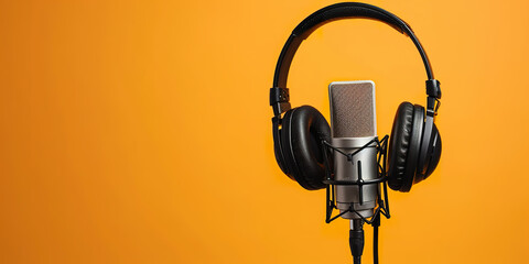 Studio microphone with headphones on a orange background