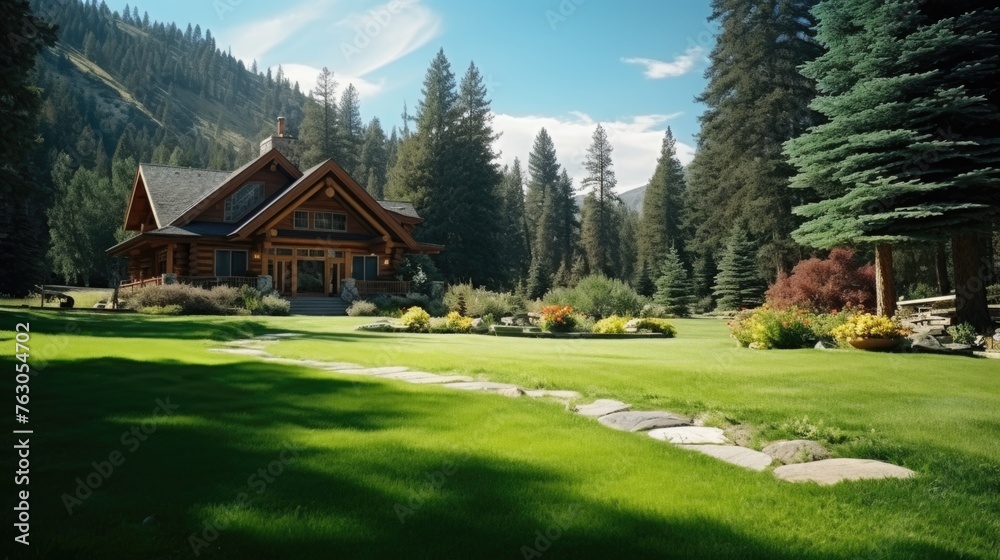 Poster a log cabin in a lush green field, suitable for various projects