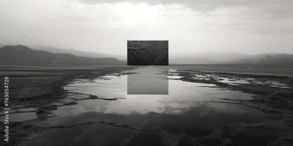 Aufkleber a striking black and white photo of a square in the middle of a desert. perfect for architectural or