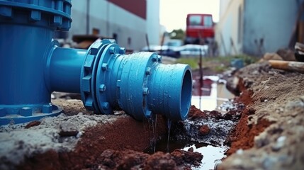 Blue fire hydrant sitting on top of a pile of dirt, suitable for urban infrastructure concepts