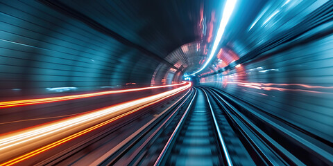 Subway underground tunnel with blurry rail track - obrazy, fototapety, plakaty