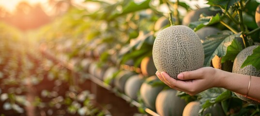 Hand holding honeydew melon with blurred background, providing ample space for text placement