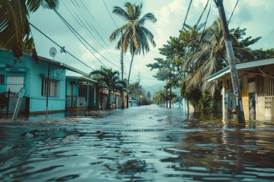 A dramatic image of a flooded street with houses and palm trees, suitable for illustrating natural disasters or extreme weather events