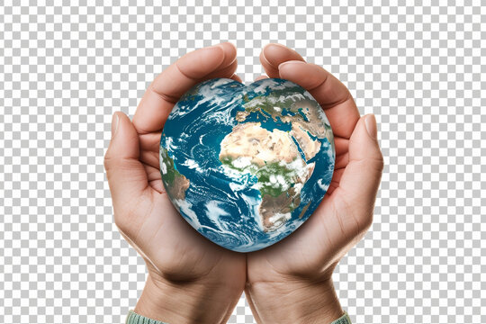 heart shape earth in hand on a transparent background