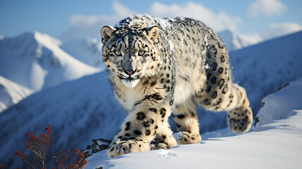 Majestic snow leopard traversing its natural snowy 
