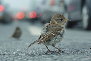 A little bird on street in town