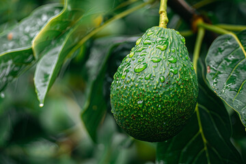 Green avocado on tree