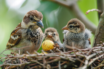 Bird family on the nest
