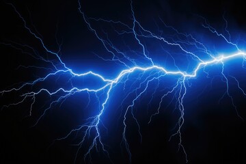 A striking blue lightning bolt in a dark stormy sky. Perfect for weather-related designs - obrazy, fototapety, plakaty