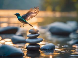 Bird and Balanced stones stack in water with reflection. AI generated image, ai. Balanced stones stack in water. - obrazy, fototapety, plakaty
