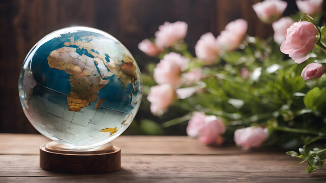 Crystal glass globe with flowers for environment and conservation. . Earth crystal glass globe ball. AI generated image, ai