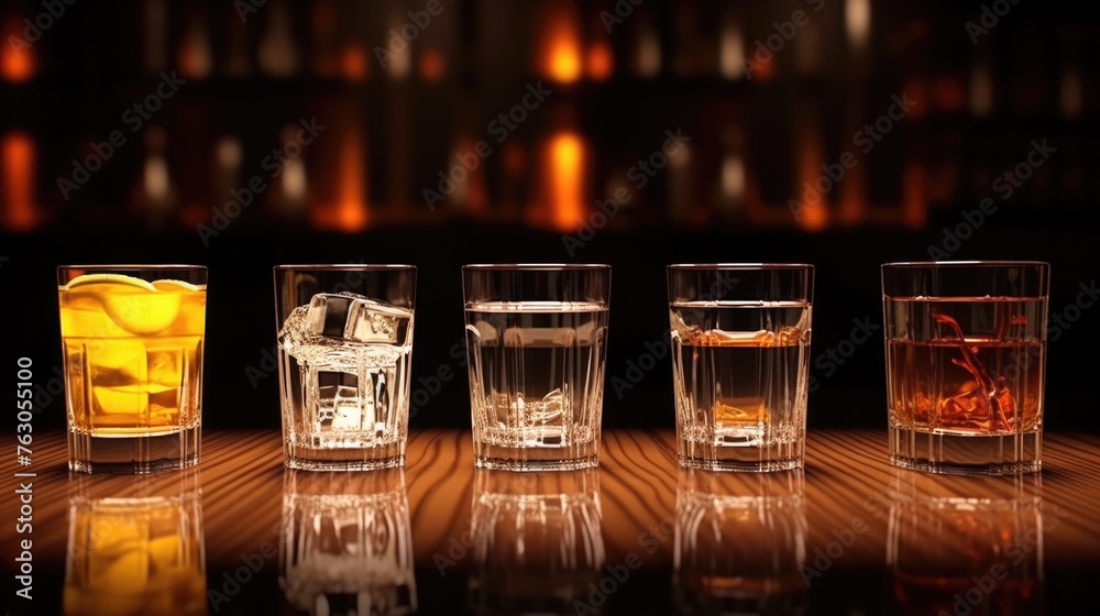 Poster row of glasses filled with different types of drinks, suitable for beverage concept designs