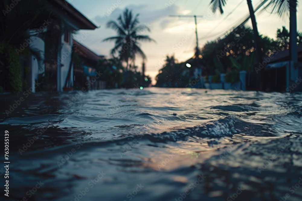 Poster a view of a flooded street at dusk. suitable for weather or natural disaster concepts