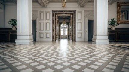 Interior of a room with a checkered floor and elegant chandelier, suitable for home decor or...