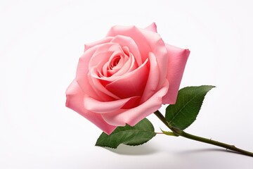 Single pink rose with green leaves on a white background. Perfect for wedding invitations or floral designs