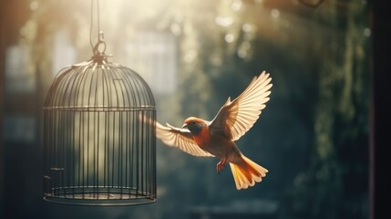 A bird flying near a cage. Suitable for illustrating freedom concepts