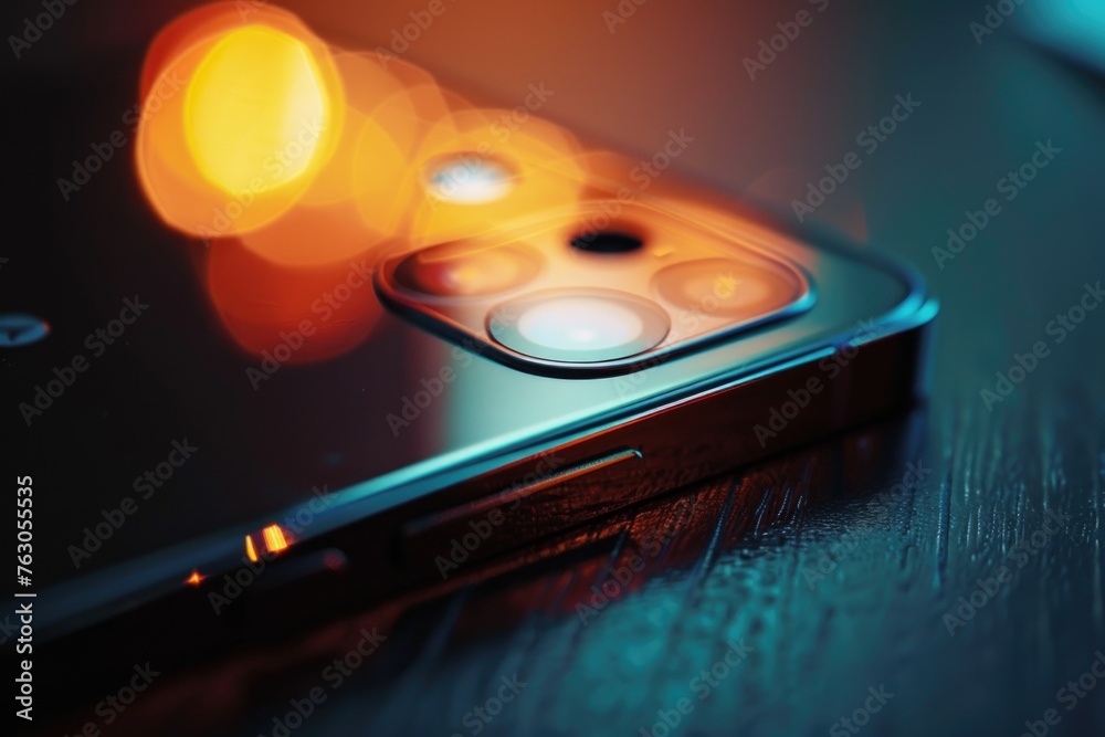 Poster close up of a cell phone on a table, suitable for technology concepts