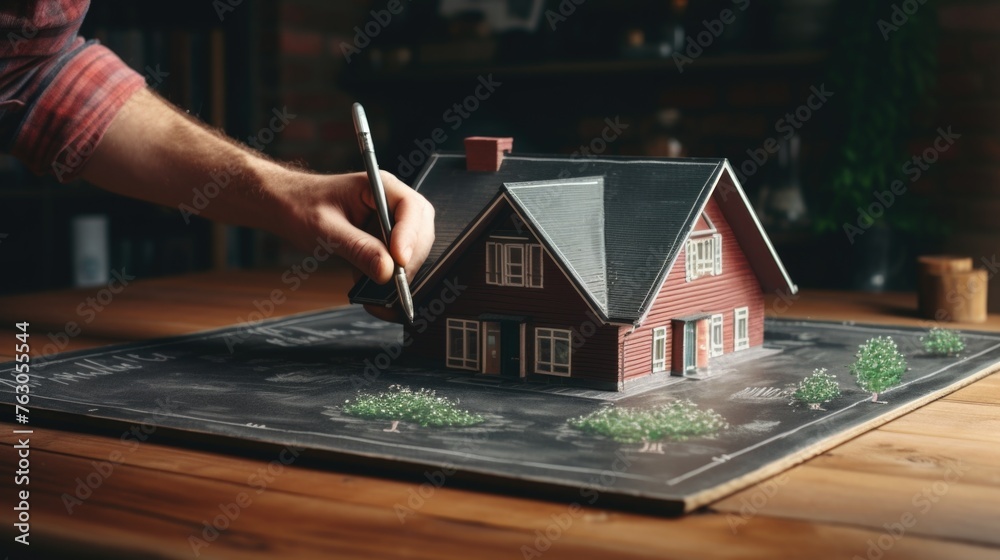 Poster A man drawing a model of a house. Suitable for architecture and construction concepts
