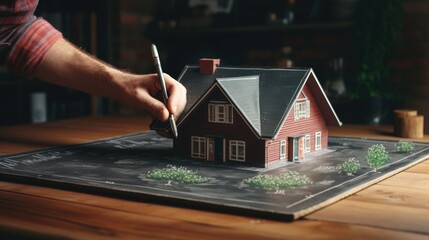 A man drawing a model of a house. Suitable for architecture and construction concepts