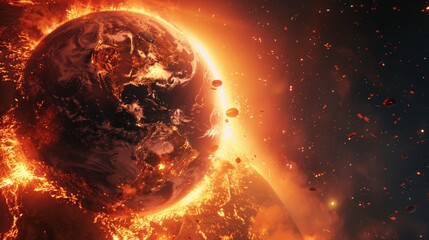 Dramatic illustration of burning Earth with swirling clouds of fire and smoke, global warming concept