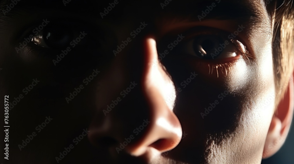 Poster a close up of a person's face with a blurry background. suitable for various design projects