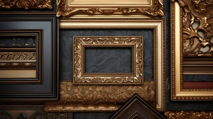 A collection of ornate gold frames on a wall. Perfect for interior design projects