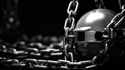 A black and white photo of a ball and chain, suitable for illustrating concepts of restriction and confinement - obrazy, fototapety, plakaty