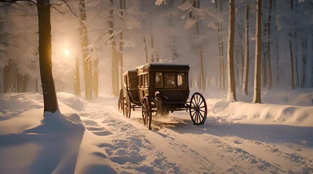 A Horse-Drawn Carriage Journeys Through a Snowy Winter Landscape