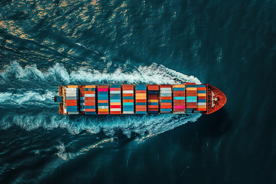 Container ship for cargo in top view shot