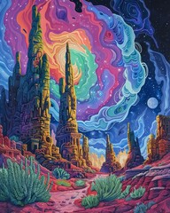 Rainbow Vines, iridescent leaves, twisting around ancient ruins on an alien world under a sky filled with swirling auroras