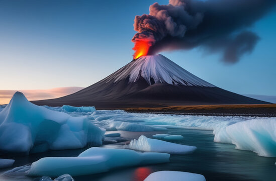 a volcanic eruption in a desert area near the water. seismological activity. a volcano among glaciers	
