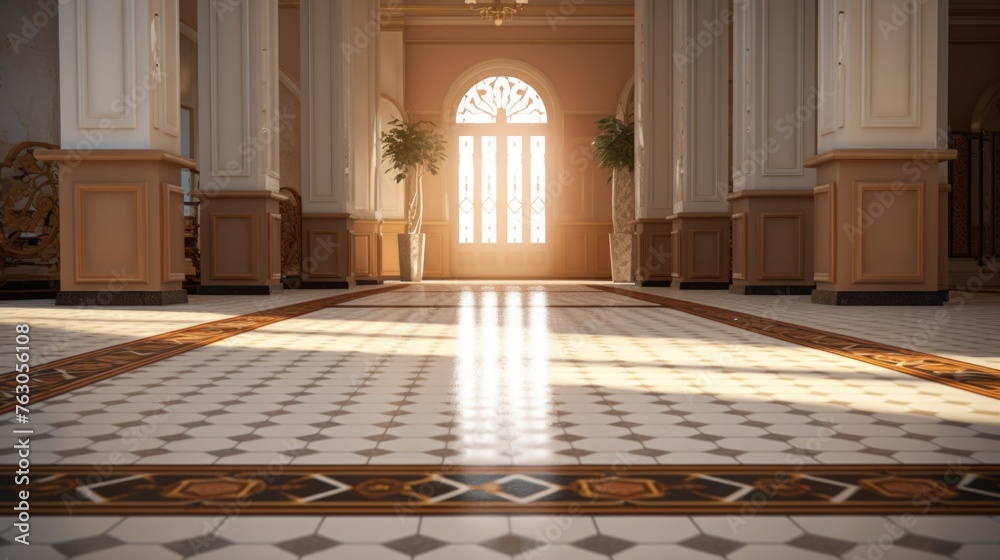 Poster a hallway featuring a large window and tiled floor, suitable for various interior design concepts