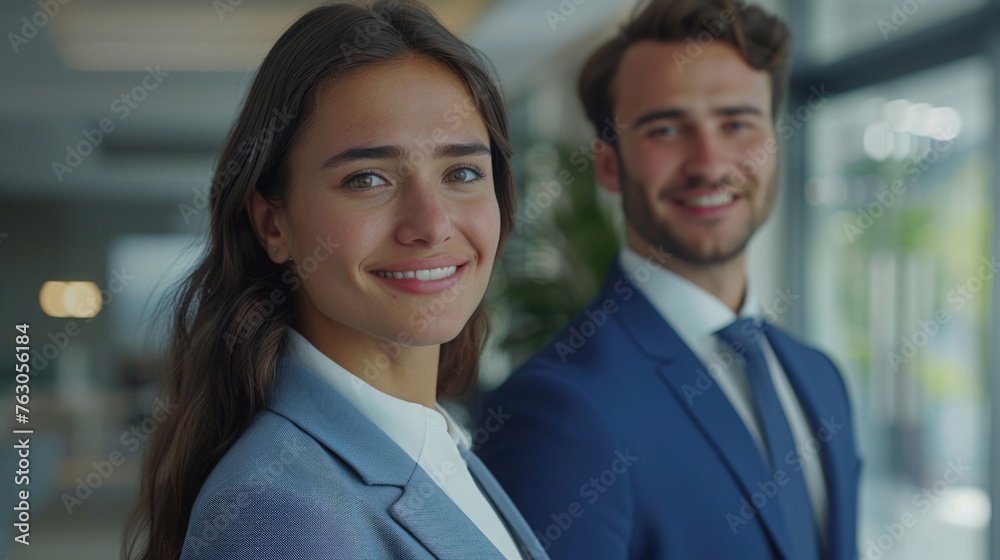 Poster a man and a woman in business attire standing next to each other. ideal for corporate and teamwork c