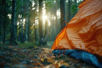 A peaceful camping scene in the woods, ideal for outdoor enthusiasts - obrazy, fototapety, plakaty