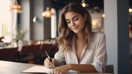 Woman sitting at table writing in notebook, suitable for educational or business concepts - obrazy, fototapety, plakaty