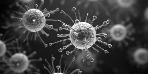 A black and white photo of a bunch of viruses. Suitable for medical and scientific concepts