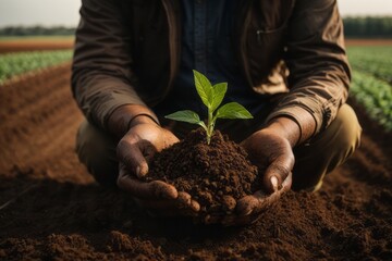 Male farmer holding soil in hands with plant seeds for planting. agriculture, farming and harvesting concept