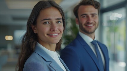 A man and a woman in business attire standing next to each other. Ideal for corporate and teamwork concepts - obrazy, fototapety, plakaty