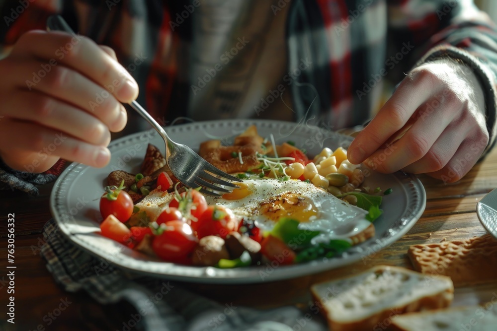 Poster a person enjoying a meal with a fork, suitable for food-related concepts