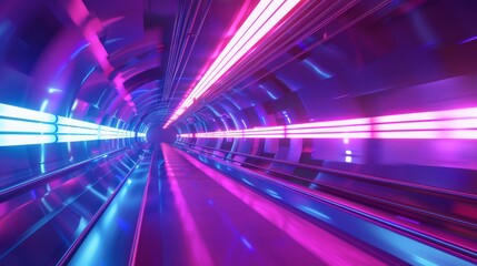 Futuristic neon tunnel with glowing lights and motion blur, abstract speed background. Digital illustration