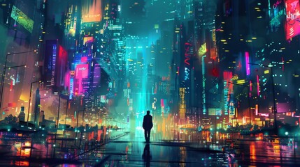 Futuristic neon-lit cyberpunk cityscape at night, dark and atmospheric. Digital painting