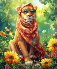 
lioness with scarf and sunglasses, sitting among spring flowers