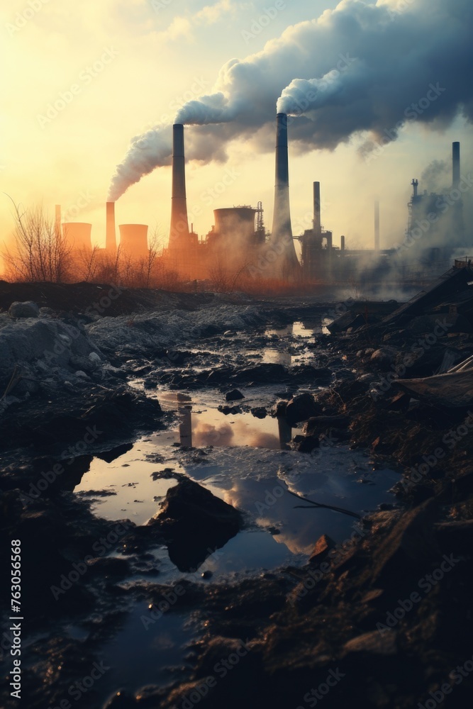 Poster a dirty river with smoke emitting from it. suitable for environmental and pollution-related concepts